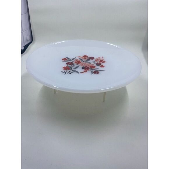 Vintage Anchor Hocking Fire King Milk Glass Dinner Plate Red Flower Pattern - Picture 1 of 8